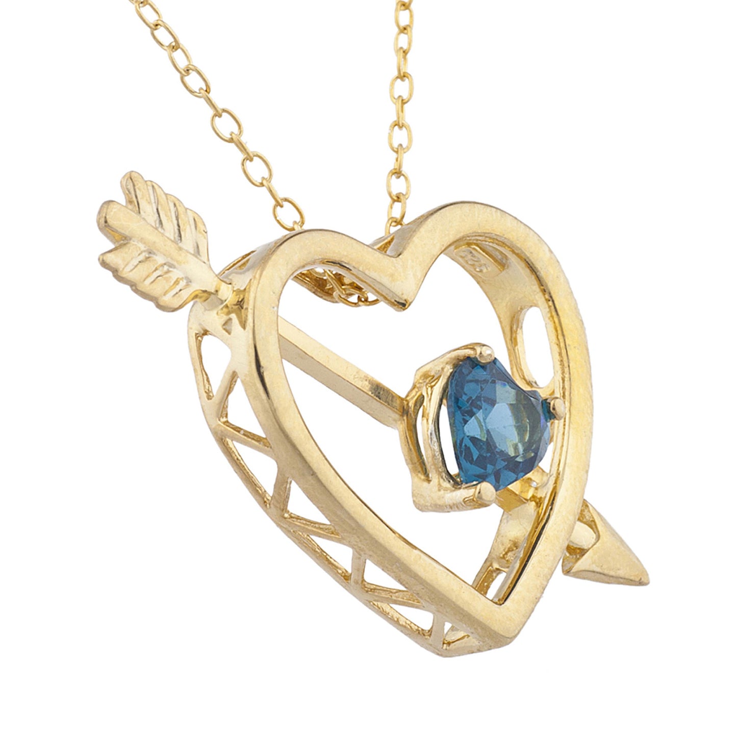 14Kt Yellow Gold Plated London Blue Topaz Heart Bow & Arrow Pendant