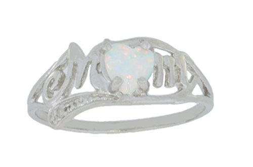 Opal Heart & Diamond Mom Ring .925 Sterling Silver Rhodium Finish