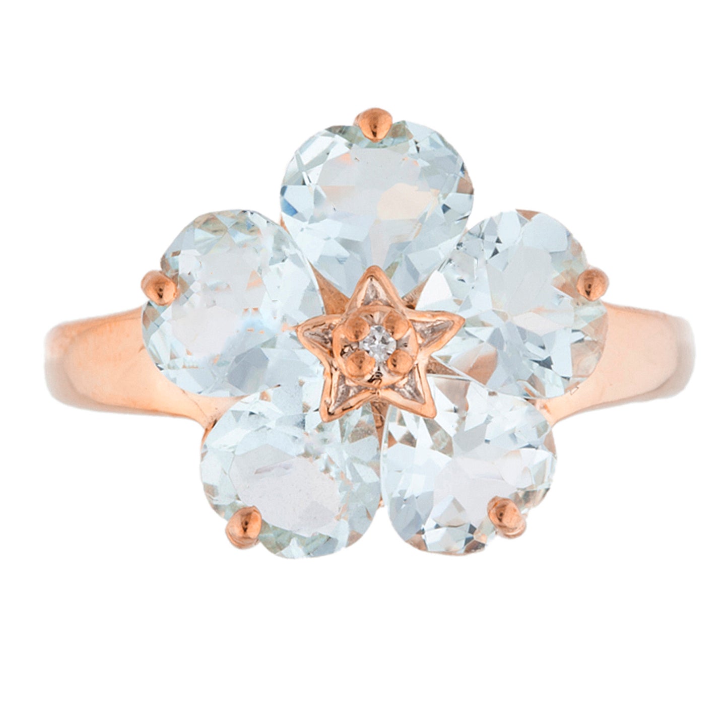 14Kt Gold Genuine Aquamarine & Diamond Heart Flower Design Ring