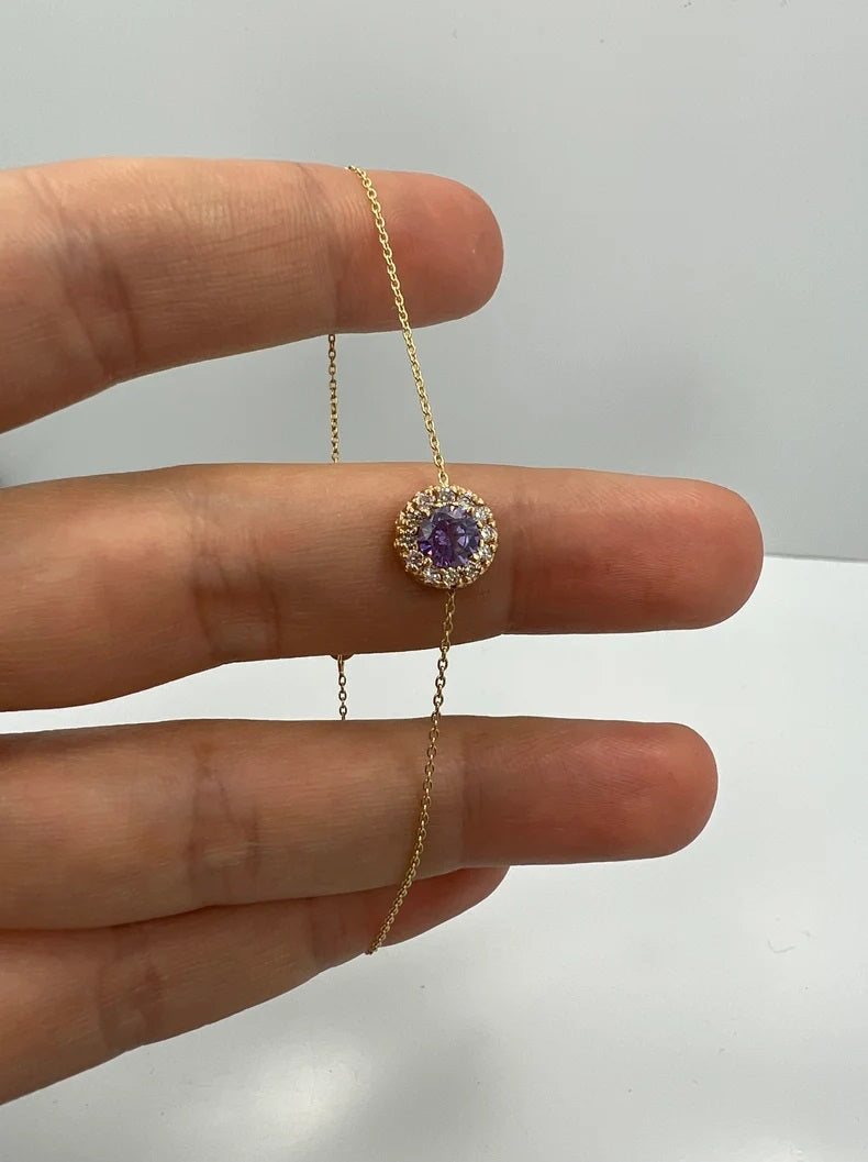 14Kt Gold Amethyst Halo Round Bracelet