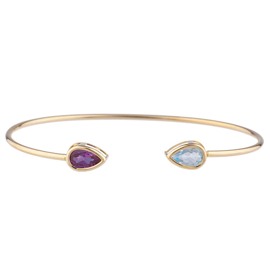 14Kt Gold Genuine Aquamarine & Alexandrite Pear Bezel Bangle Bracelet