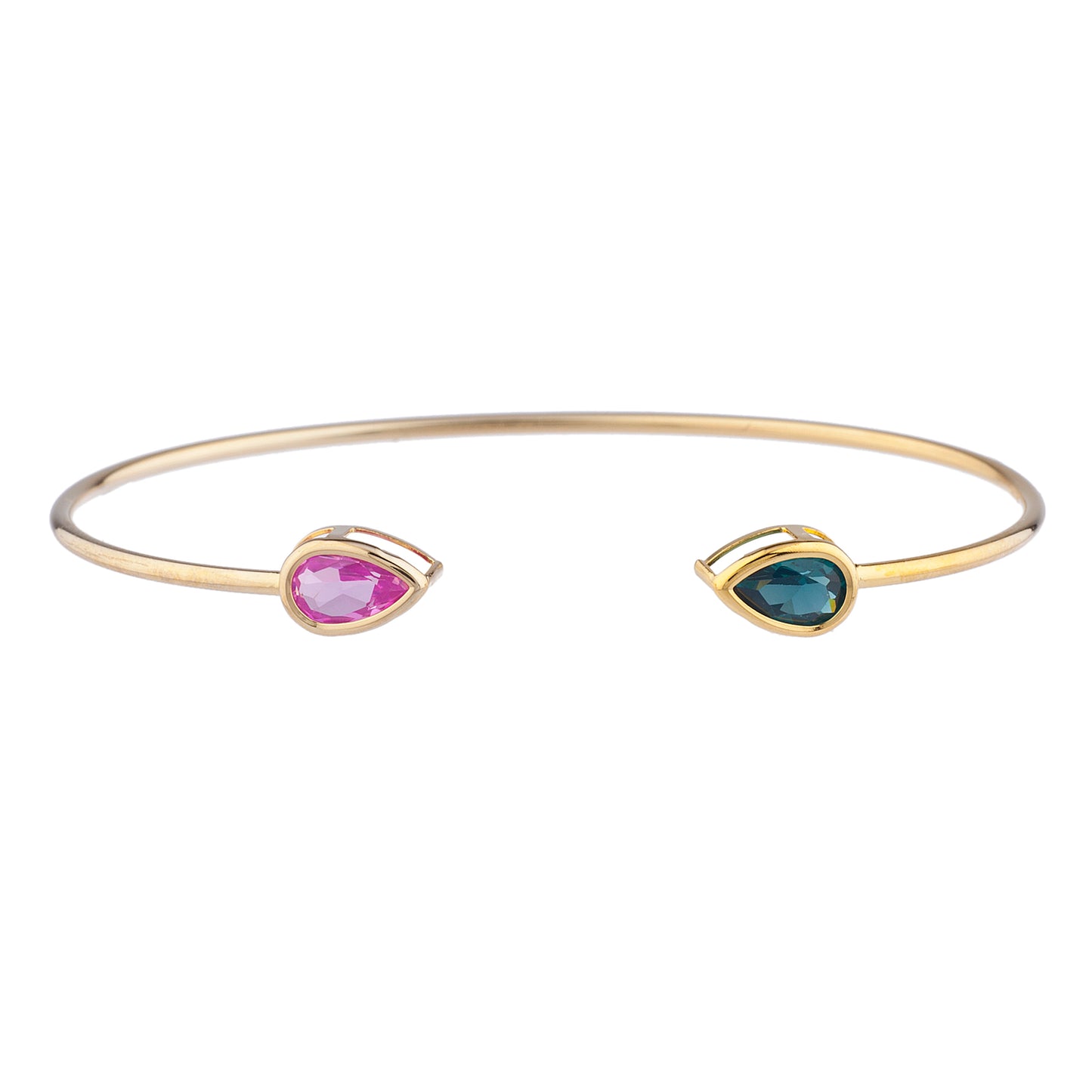 Pink Sapphire & London Blue Topaz Pear Bezel Bangle Bracelet 14Kt Yellow Gold Plated Over .925 Sterling Silver