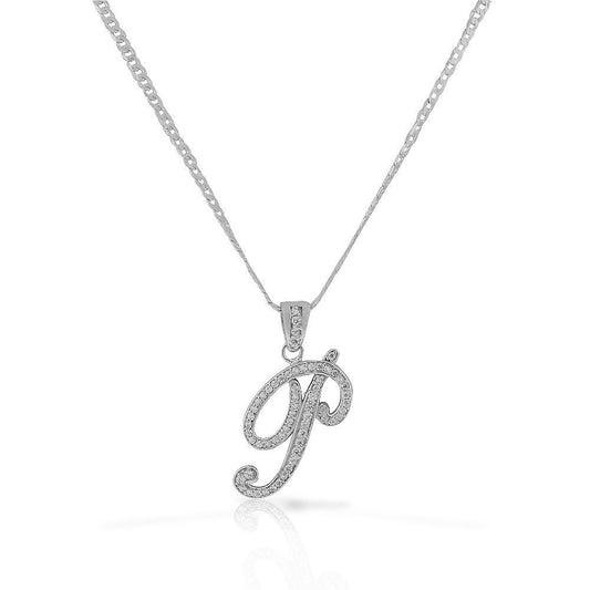 Letter P Cursive Initial CZ Pendant .925 Sterling Silver