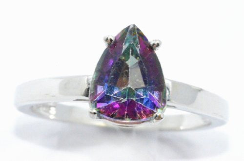 2 Ct Genuine Mystic Topaz Pear Ring .925 Sterling Silver Rhodium Finish