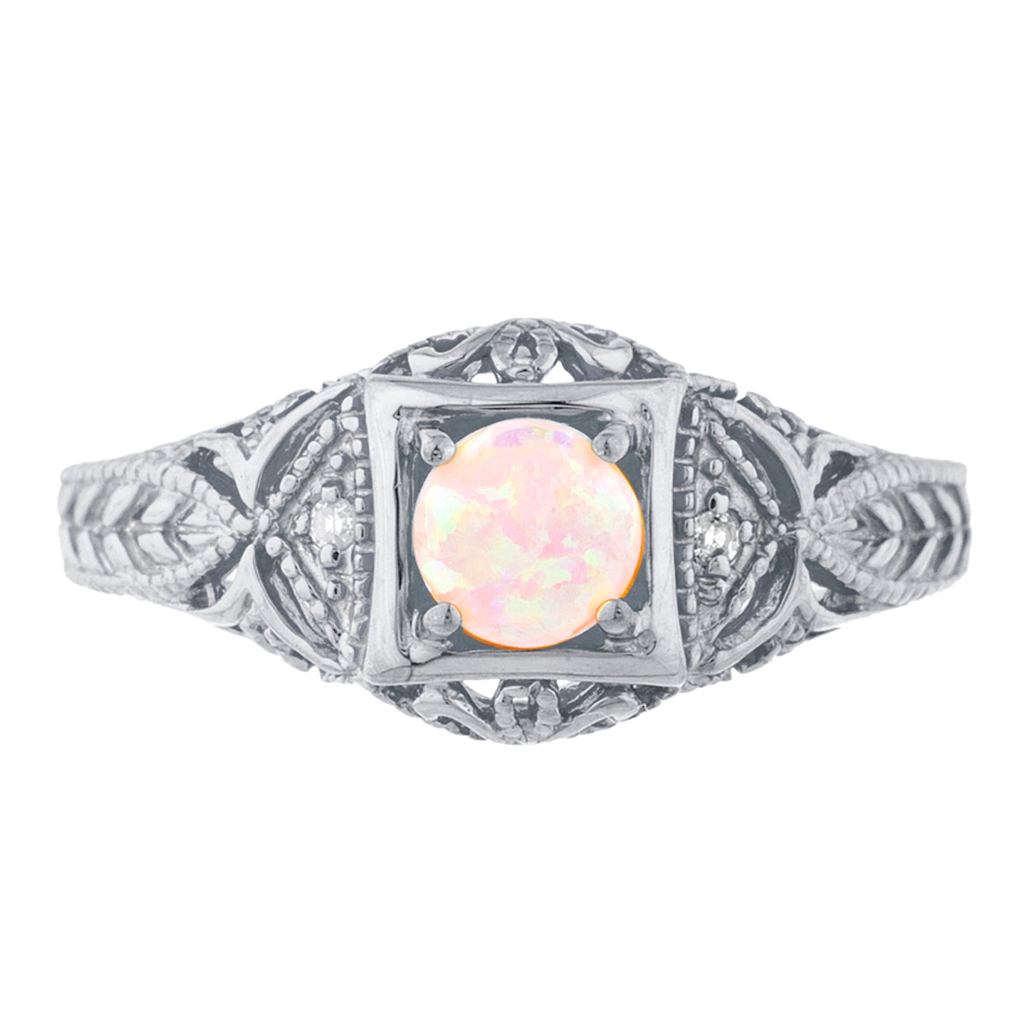 14Kt Gold Pink Opal & Diamond Design Round Ring