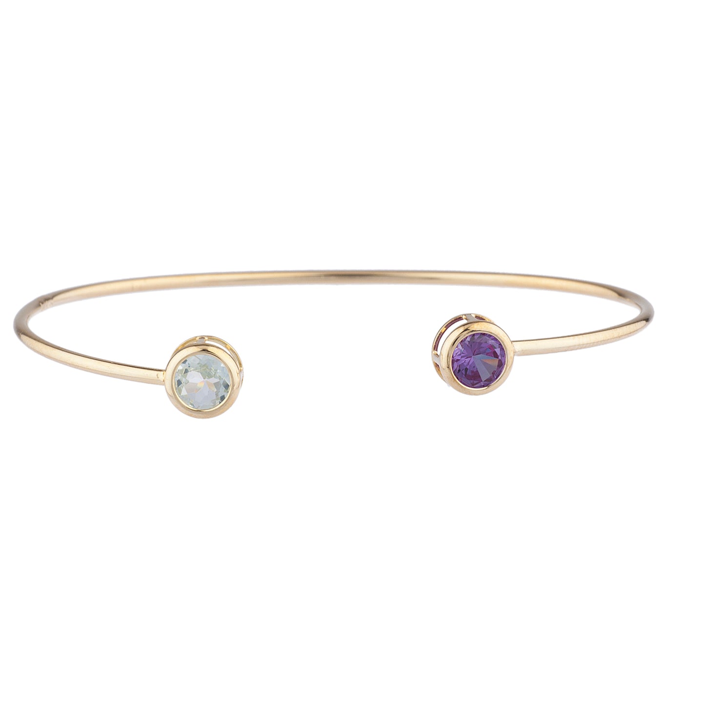 14Kt Gold Aquamarine & Alexandrite Round Bezel Bangle Bracelet