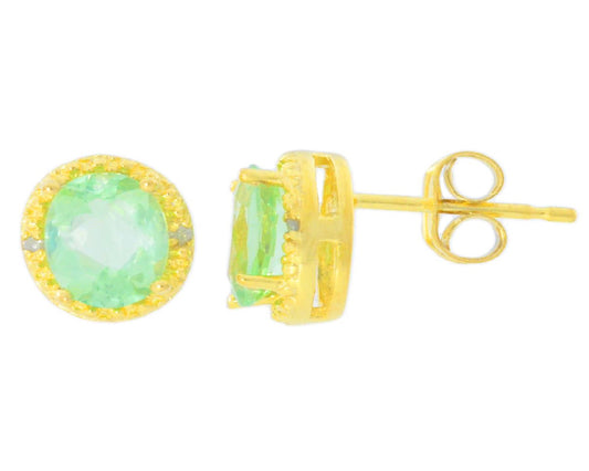 2 Ct Green Sapphire & Diamond Round Stud Earrings 14Kt Yellow Gold