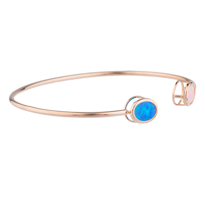 Blue & Pink Opal Oval Bezel Bangle Bracelet 14Kt Rose Gold Plated Over .925 Sterling Silver