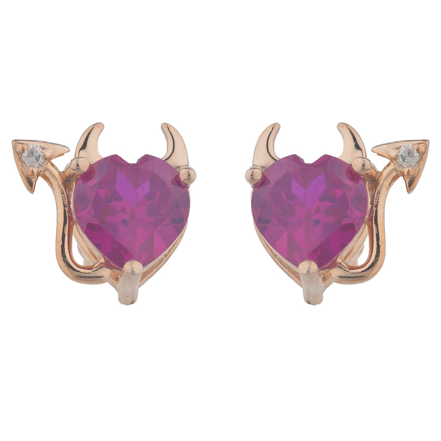 Created Ruby & Diamond Devil Heart Stud Earrings 14Kt Rose Gold Plated