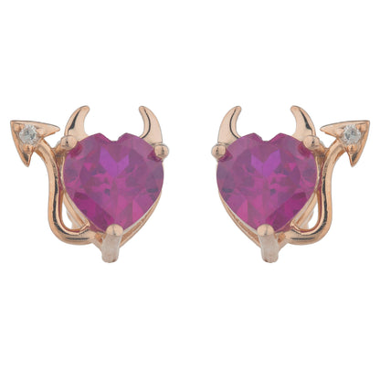 Created Ruby & Diamond Devil Heart Stud Earrings 14Kt Rose Gold Plated