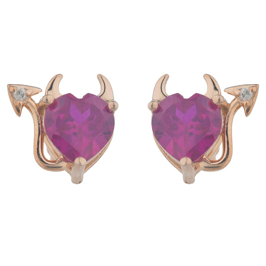 Created Ruby & Diamond Devil Heart Stud Earrings 14Kt Rose Gold Plated