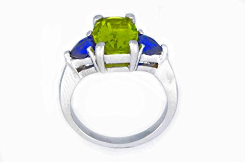 4 Ct Peridot Oval & Blue Sapphire Heart Ring .925 Sterling Silver Rhodium Finish