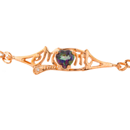 Natural Mystic Topaz & Diamond Heart Mom Bracelet 14Kt Rose Gold Plated Over .925 Sterling Silver