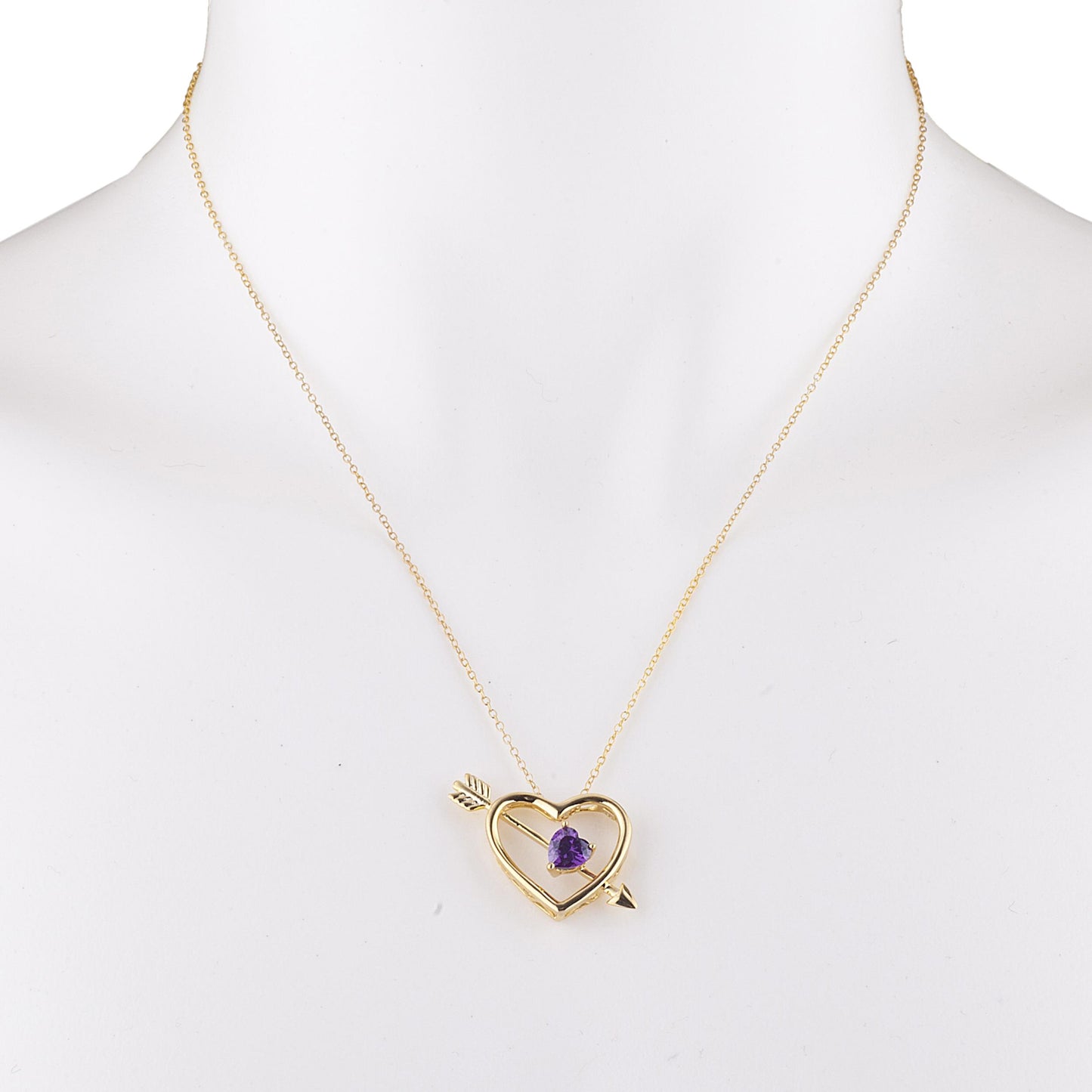 14Kt Yellow Gold Plated Amethyst Heart Bow & Arrow Pendant