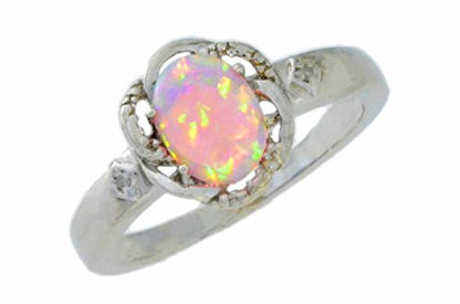 8x6mm Pink Opal & Diamond Oval Ring .925 Sterling Silver Rhodium Finish