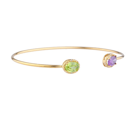 Amethyst & Peridot Diamond Bangle Oval Bracelet 14Kt Yellow Gold Plated Over .925 Sterling Silver