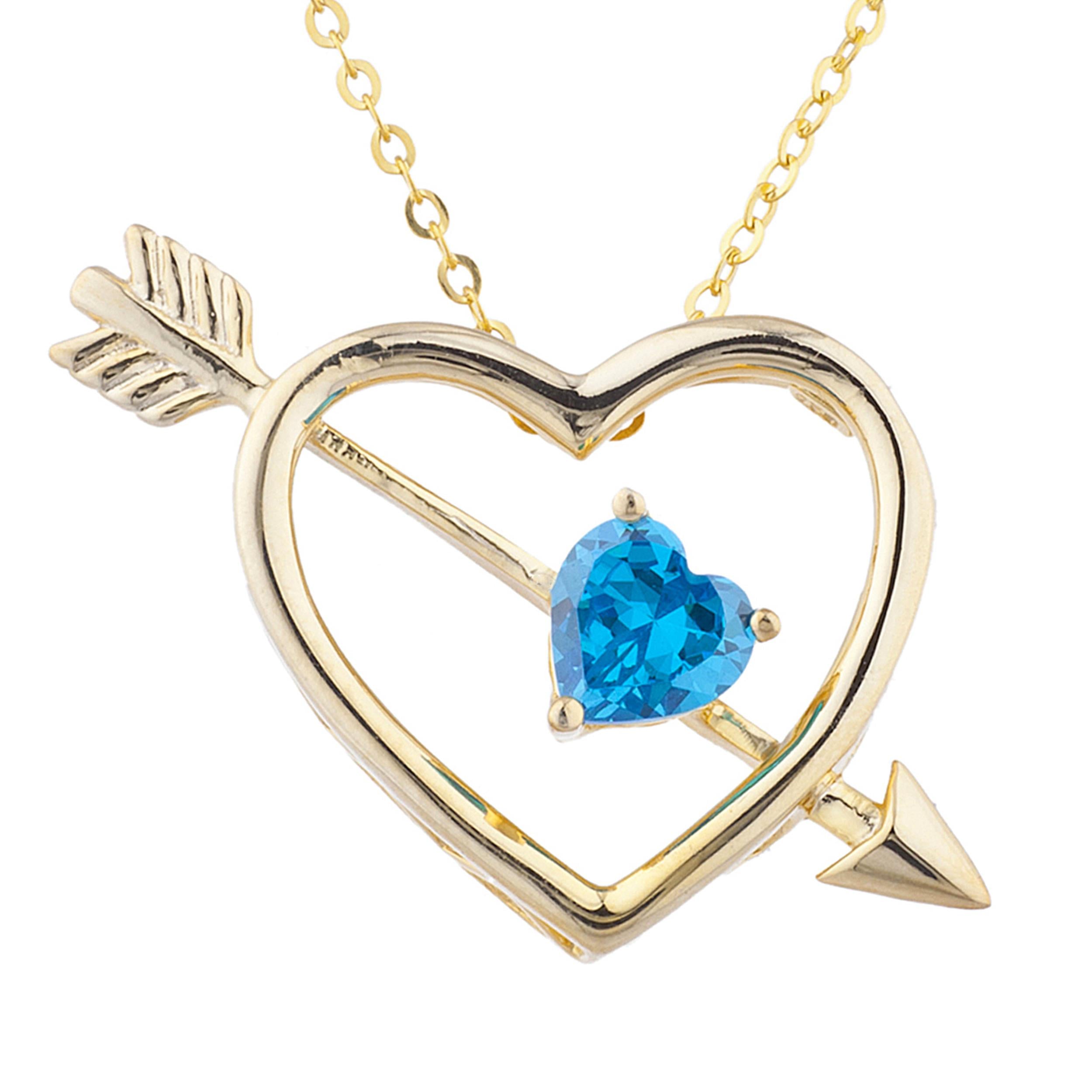 14Kt Gold Swiss Blue Topaz Heart Bow & Arrow Pendant Necklace