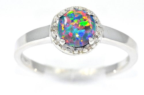 Black Opal & Diamond Round Ring .925 Sterling Silver Rhodium Finish