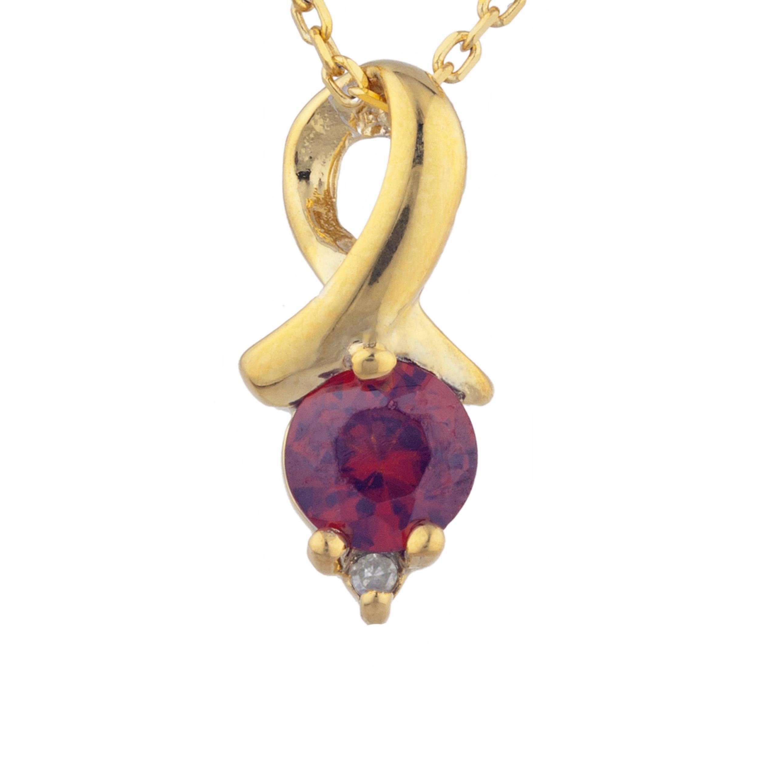 14Kt Gold Garnet & Diamond Round Design Pendant Necklace
