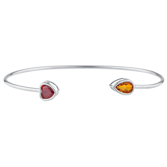 Garnet Heart & Citrine Pear Bezel Bangle Bracelet .925 Sterling Silver Rhodium Finish