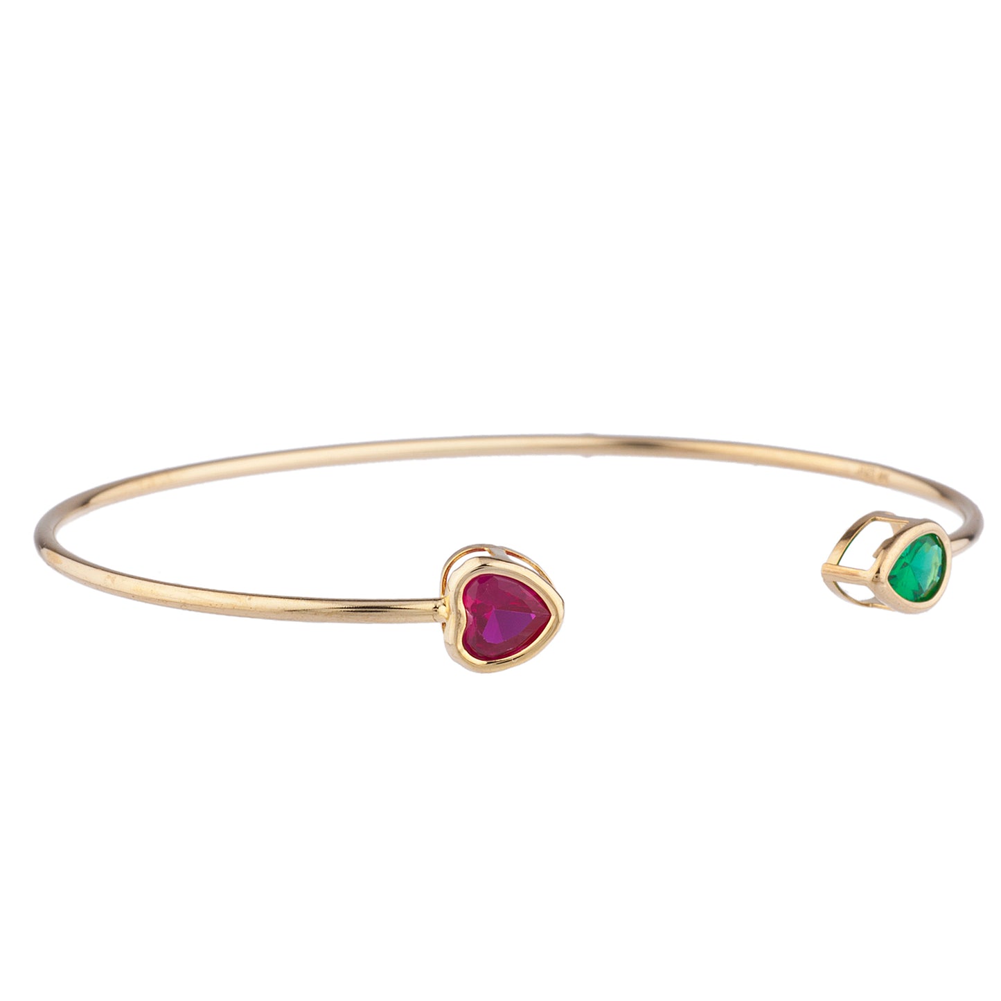 Created Ruby Heart & Emerald Pear Bezel Bangle Bracelet 14Kt Yellow Gold Plated Over .925 Sterling Silver