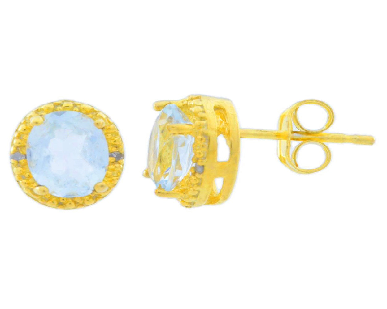 2 Ct Aquamarine & Diamond Round Stud Earrings 14Kt Yellow Gold Plated