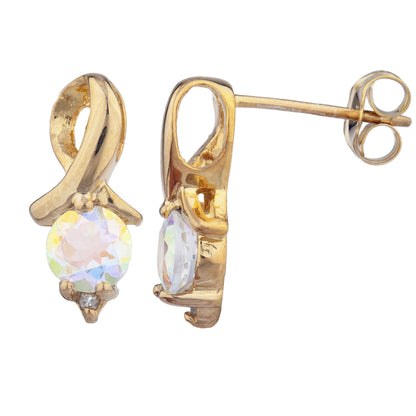 14Kt Yellow Gold Plated Natural Mercury Mist Mystic Topaz & Diamond Round Design Stud Earrings