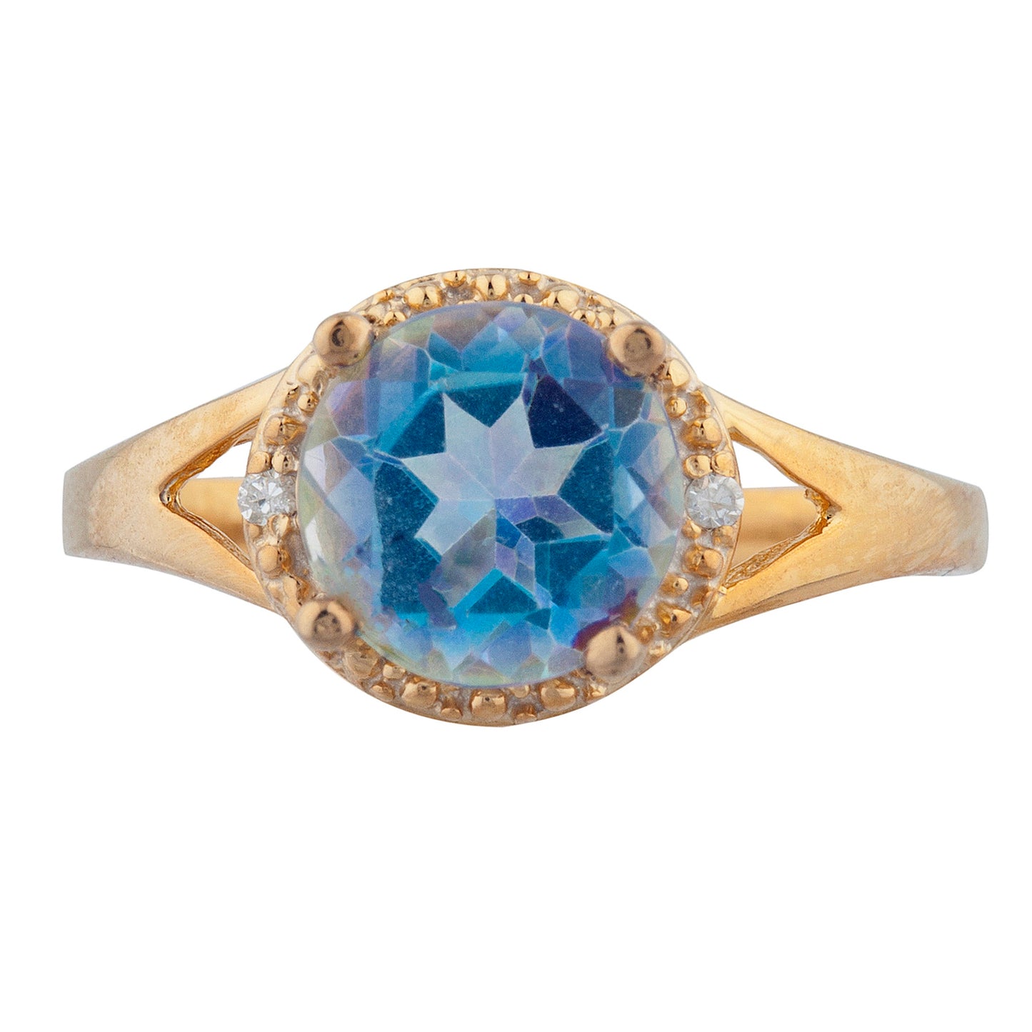 2 Ct Natural Blue Mystic Topaz & Diamond Halo Design Round Ring 14Kt Yellow Gold Rose Gold Silver