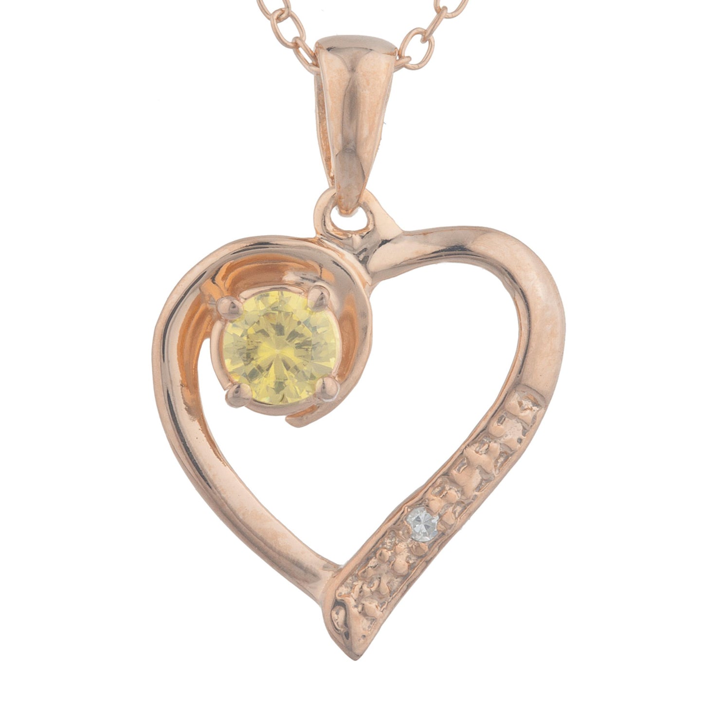 14Kt Rose Gold Plated Yellow Citrine & Diamond Heart Pendant