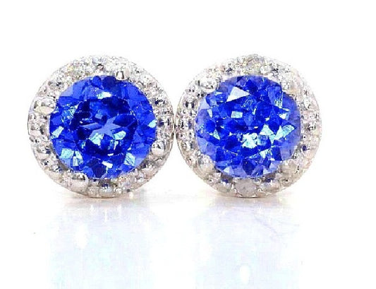 2 Ct Created Blue Sapphire & Diamond Round Stud Earrings .925 Sterling Silver