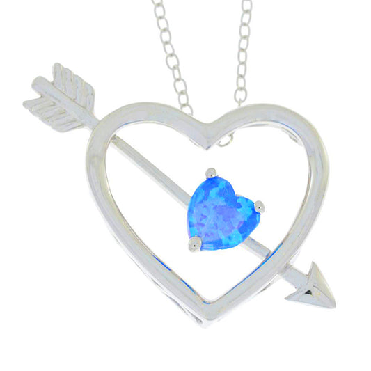 Blue Opal Heart Bow & Arrow Pendant .925 Sterling Silver Rhodium Finish