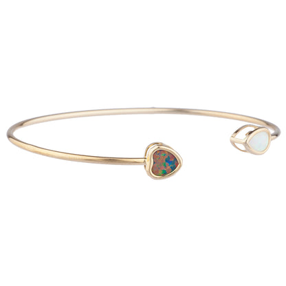 Black Opal Heart & White Opal Pear Bezel Bangle Bracelet 14Kt Yellow Gold Plated Over .925 Sterling Silver