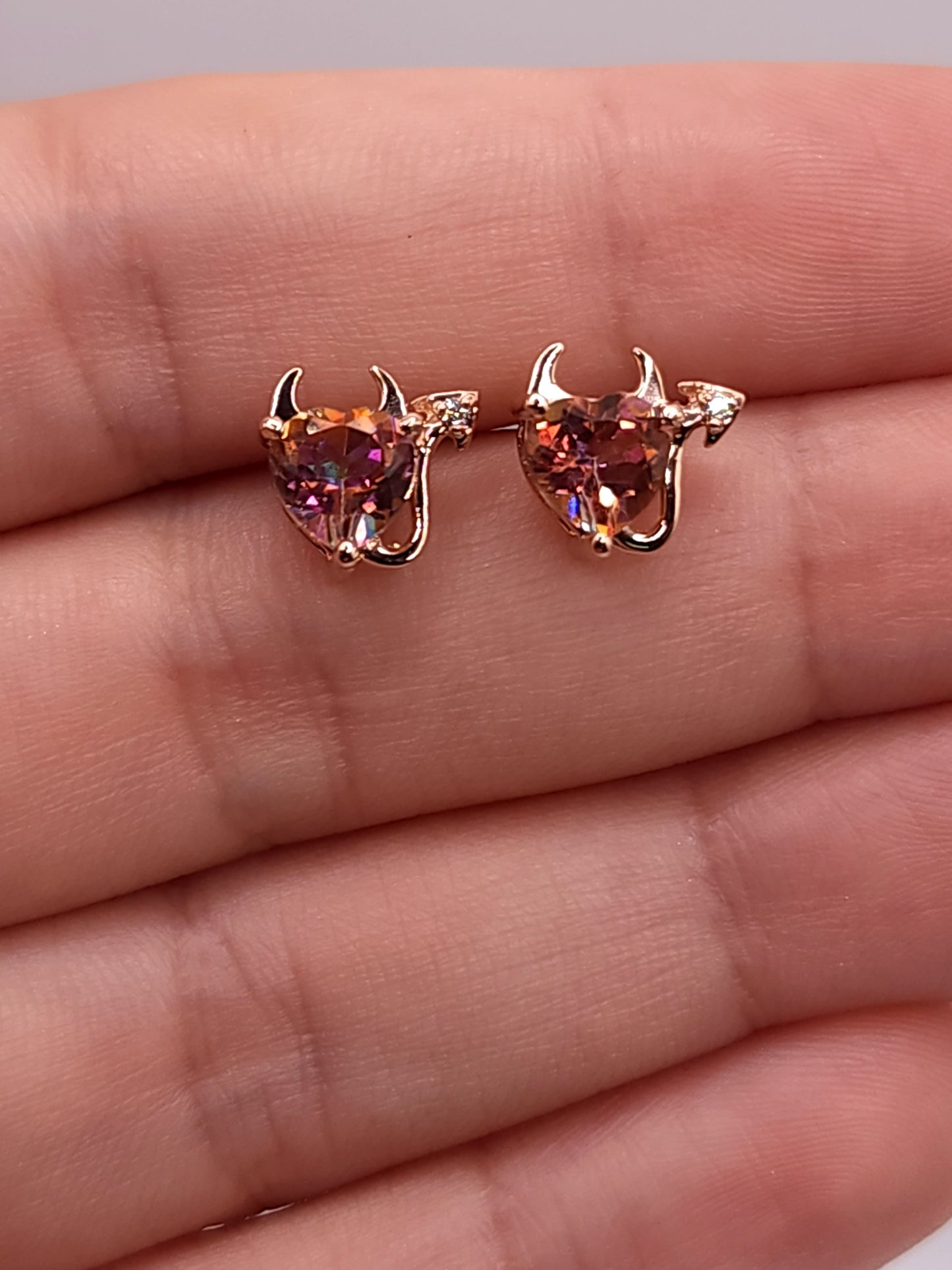 14Kt Gold Natural Ecstasy Mystic Topaz & Diamond Devil Heart Stud Earrings