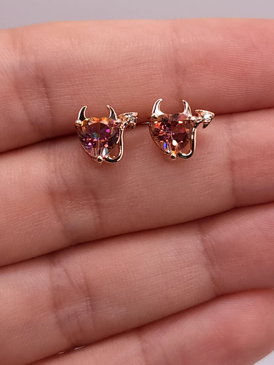 14Kt Gold Natural Ecstasy Mystic Topaz & Diamond Devil Heart Stud Earrings