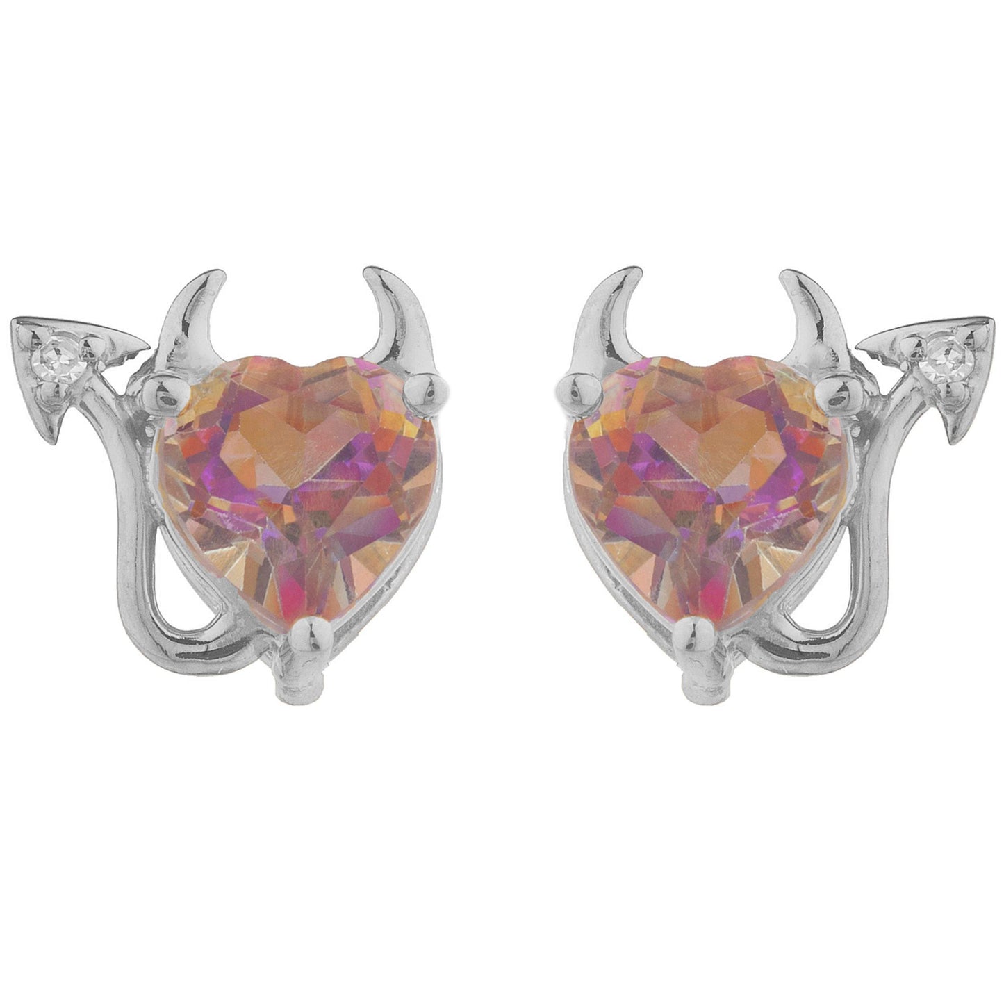 14Kt Gold Natural Ecstasy Mystic Topaz & Diamond Devil Heart Stud Earrings