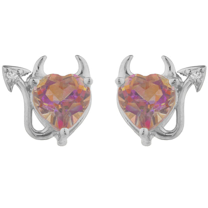 14Kt Gold Natural Ecstasy Mystic Topaz & Diamond Devil Heart Stud Earrings