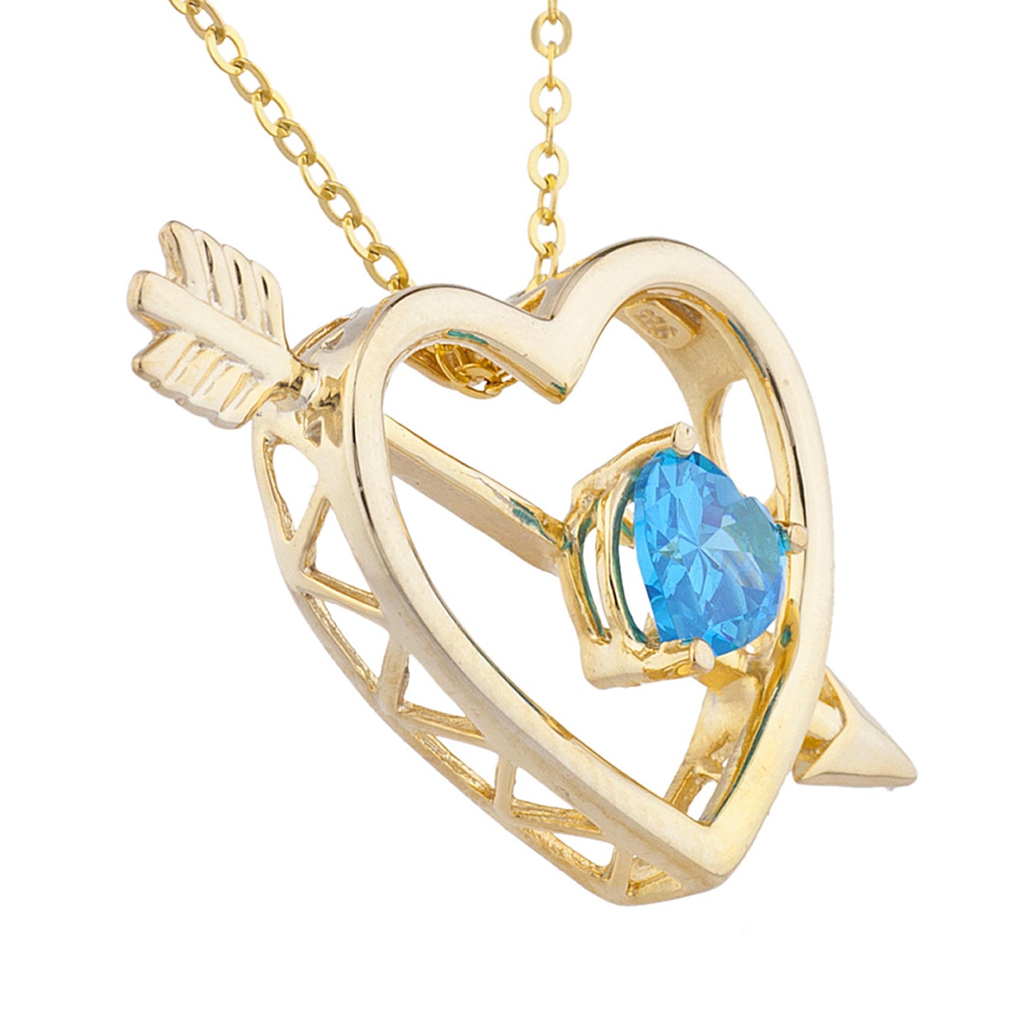 14Kt Yellow Gold Plated Swiss Blue Topaz Heart Bow & Arrow Pendant