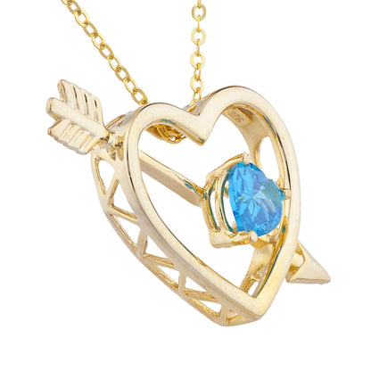 14Kt Yellow Gold Plated Swiss Blue Topaz Heart Bow & Arrow Pendant