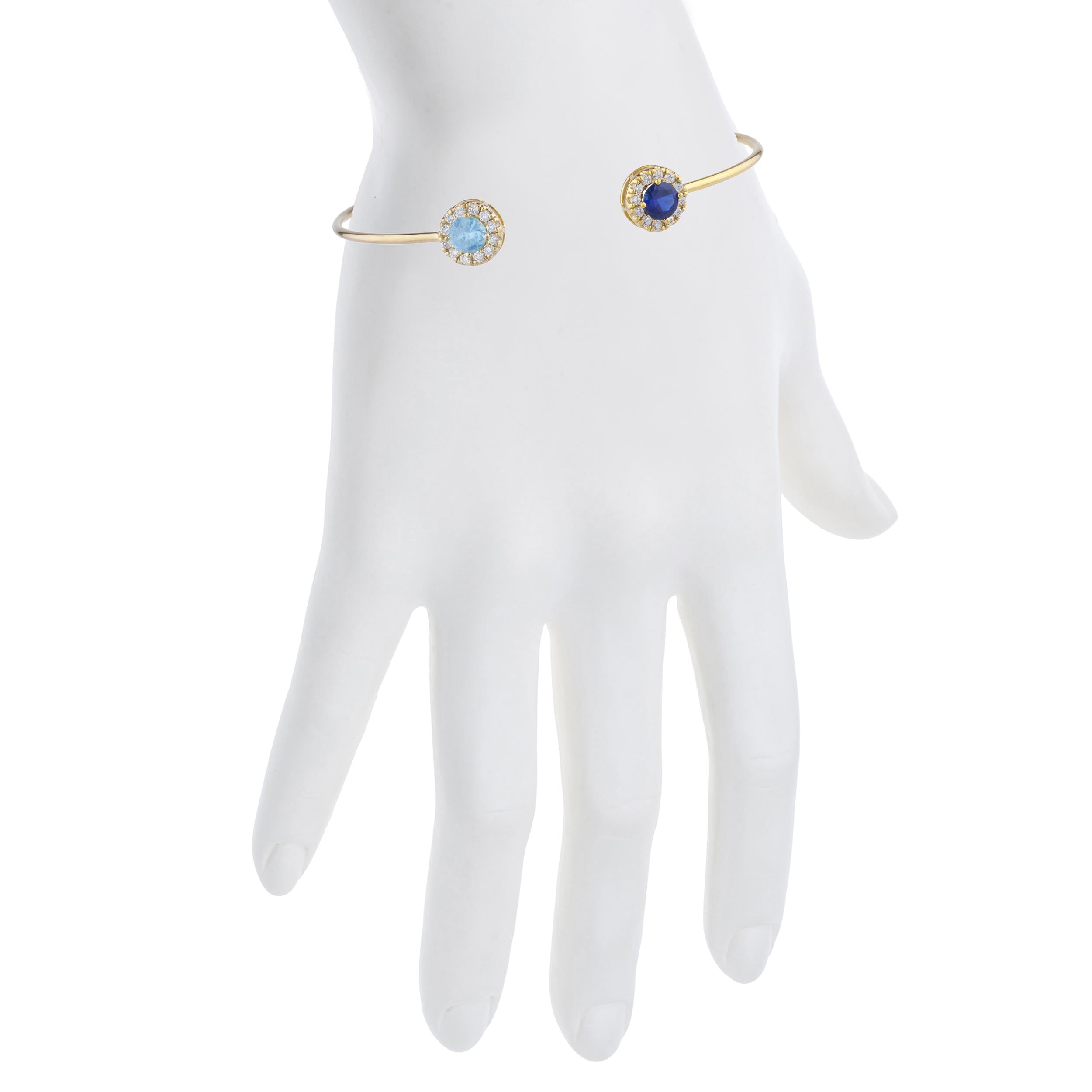 14Kt Gold Blue Sapphire & Blue Topaz Halo Design Bangle Bracelet