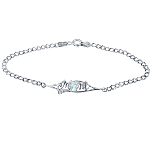 Genuine Aquamarine & Diamond Heart Mom Bracelet .925 Sterling Silver