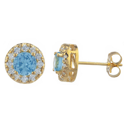 14Kt Gold 1 Ct Blue Topaz Halo Design Stud Earrings