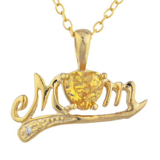 14Kt Gold Yellow Citrine & Diamond Heart Mom Pendant Necklace