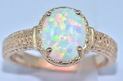 10x8mm Opal & Diamond Oval Ring Sterling Silver 14Kt Rose Gold Plated