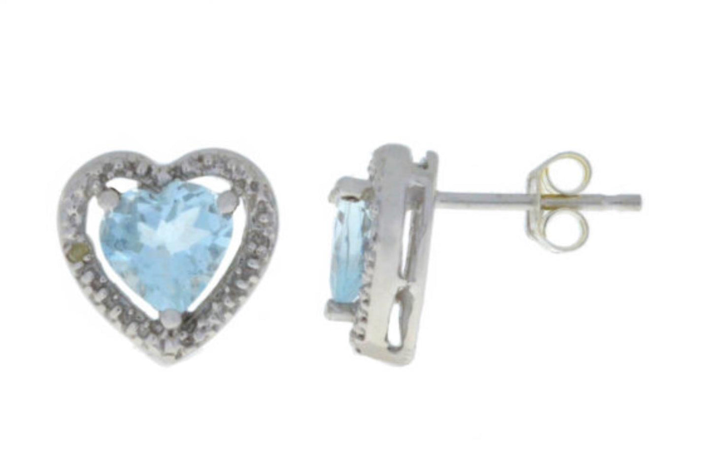 Genuine Aquamarine & Diamond Heart Stud Earrings .925 Sterling Silver