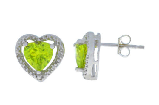 Peridot & Diamond Heart Stud Earrings .925 Sterling Silver