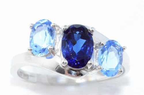 2 Ct Created Blue Sapphire & Blue Topaz Oval Ring .925 Sterling Silver Rhodium Finish