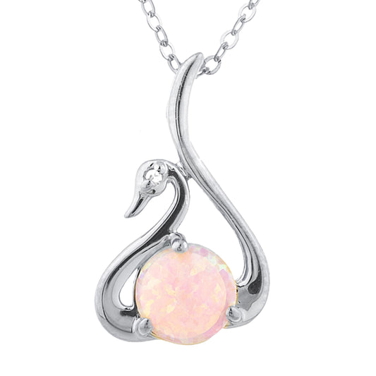 Pink Opal & Diamond Swan Pendant .925 Sterling Silver