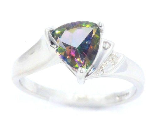 1.5 Ct Mystic Topaz & Diamond Trillion Ring .925 Sterling Silver Rhodium Finish