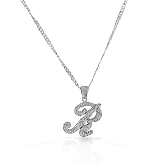 Letter R Cursive Initial CZ Pendant .925 Sterling Silver