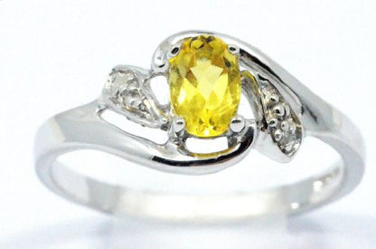 0.50 Ct Yellow Citrine & Diamond Oval Ring .925 Sterling Silver Rhodium Finish